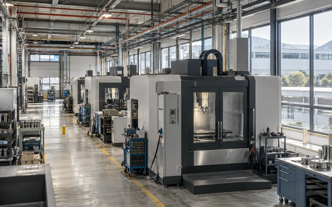 Enclosed precision manufacturing equipment and overhead utility services inside a modern factory