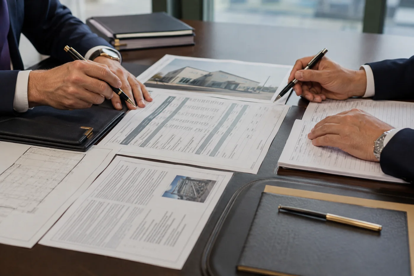 Broker and risk specialist reviewing industrial property information